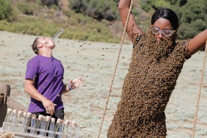 Dorothy, una de las concursantes del programa estadounidense 'Fear Factor', enfrentada a una de sus pruebas extremas con cientos de abejas.