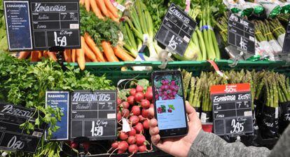 Google Lens identifica la verdura en un puesto del mercado.