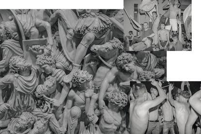 Detalle del sarcófago Ludovisi, con escenas de un combate entre romanos y bárbaros en el Museo Nazionale Romano, palacio Altemps. Arriba y abajo, aficionados italianos, en las inmediaciones de la plaza Popolo durante la Eurocopa celebrada en 2021.