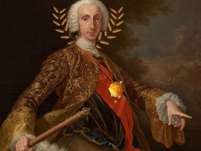 Montaje sobre el retrato de Carlos de Borbón que Giuseppe Bonito le hizo en 1745. El cuadro original se encuentra en el Museo del Prado de Madrid.