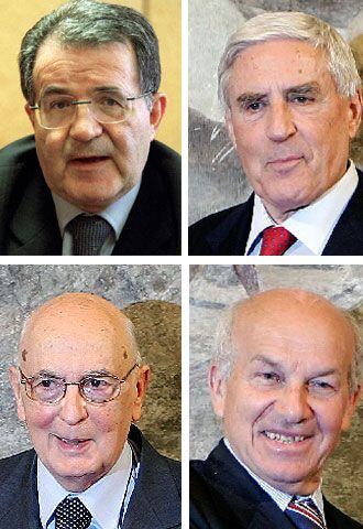 De izquierda a derecha y de arriba a abajo, Romano Prodi, Franco Marini, Giorgio Napolitano y Fausto Bertinotti.