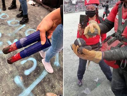 A la izquierda, dos bengalas, y a la derecha, una granada de gas lacrimógeno y un dispositivo de estruendo, todos recogidos en las protestas en Ciudad de México el 8 de marzo.