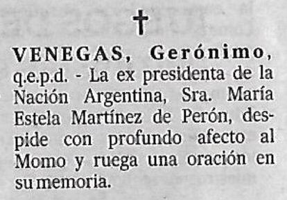 El aviso fúnebre enviado por Isabelita a La Nación.