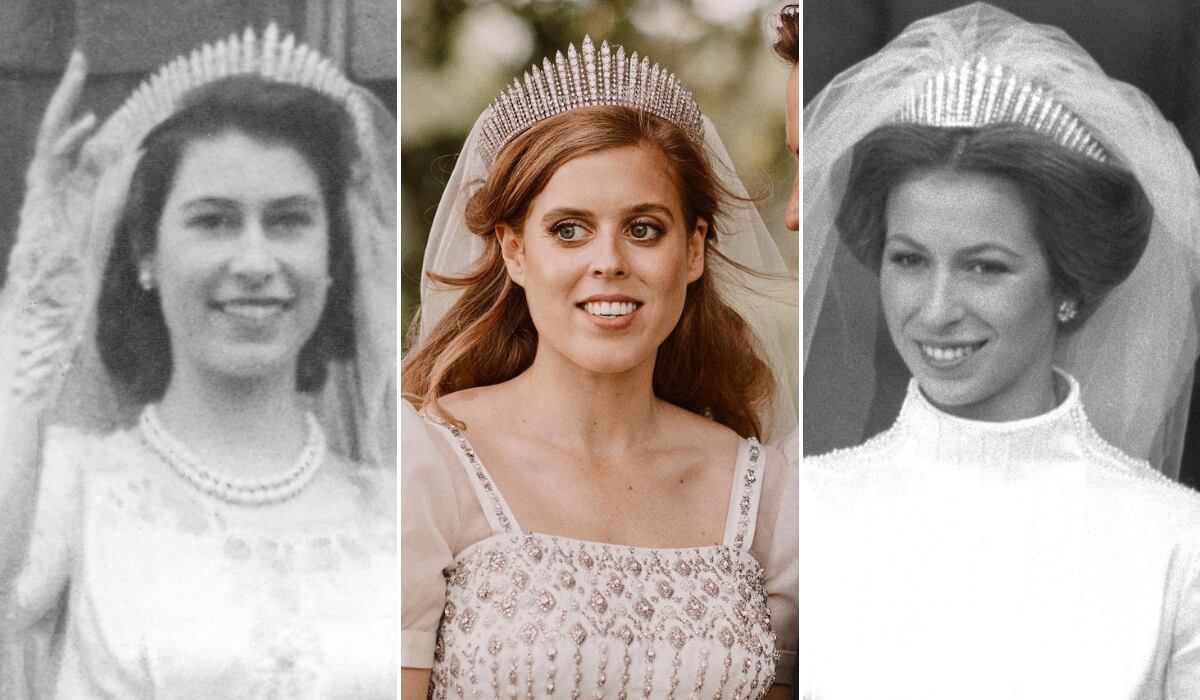 Isabel II, Beatriz de York y Ana de Inglaterra, en sus respectivas bodas en 1947, 2010 y 1973 con la tiara Fringe de Mary de Teck.