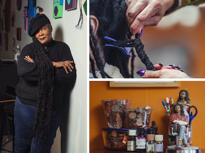 A la izquierda, Malaika Tamu-Cooper, dueña de dos peluquerías. A la derecha, actividad y decoración del Noire Salon en Silver Spring, Maryland.