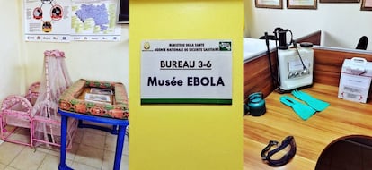 Tres fotos del Museo del ébola de Conakry: a la izquierda, cunas usadas en los centros de tratamiento infantiles; en el centro, el cartel identificativo en la puerta de entrada; a la derecha, diversos objetos utilizados durante la epidemia.