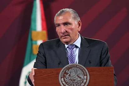 El secretario de Gobernación, Adán Augusto López, durante la conferencia matutina de Presidencia de este lunes.