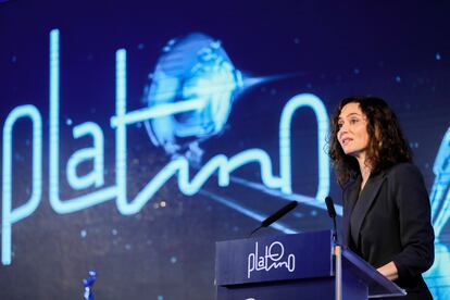 La presidenta de la Comunidad de Madrid, Isabel Díaz Ayuso, durante su intervención en la presentación de la X Edición de los Premios Platino, este viernes en Matadero Madrid.