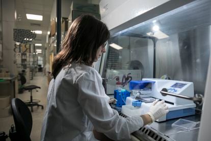 La investigadora del IRB, María Caballero, manipula la plataforma de descubrimiento de fármacos en un laboratorio del centro. 