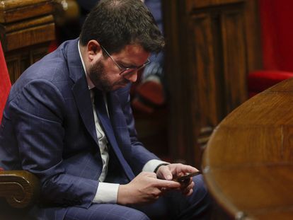 El presidente de la Generalitat, Pere Aragonès, este jueves en el Parlament.