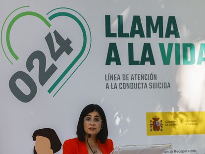 La ministra de Sanidad, Carolina Darias, este lunes en Madrid durante la presentación de la línea 024 de atención a la conducta suicida.