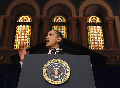 El presidente de EE UU, Barack Obama, durante la conferencia que ha ofrecido este martes en la universidad de Georgetown