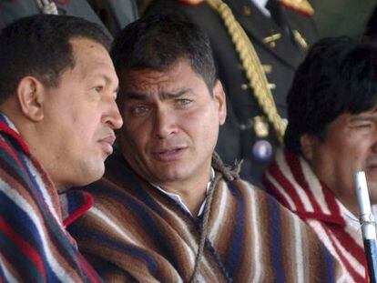 Ch&aacute;vez, Correa  y Morales, en Zumbahua (Ecuador) en 2007.