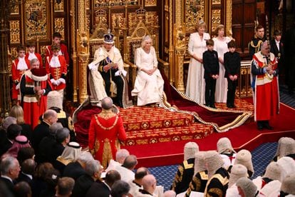 Con la corona imperial sobre su cabeza e instalado en el trono de oro de la Cámara de los Lores, junto a la reina Camila sentada a su izquierda, el rey ha pronunciado su primer Discurso del Rey.

