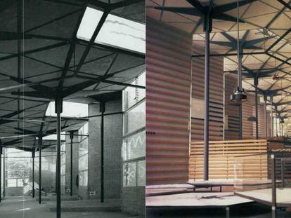 En blanco y negro, el Pabellón de los hexágonos en 1958. A la derecha, una recreación del futuro diseño del espacio en el proyecto de restauración.