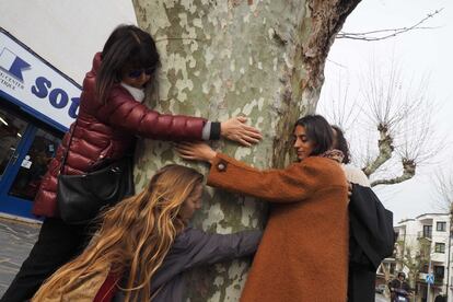 Veïnes de Cadaqués abracen els arbres centenaris.