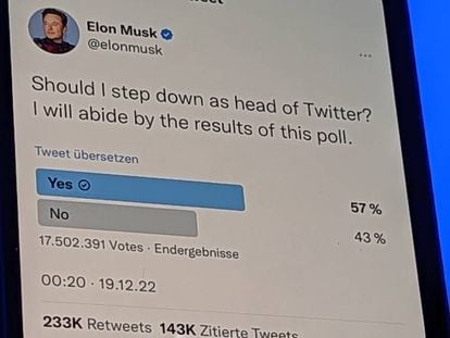 Imagen de la encuesta donde los usuarios instan a Elon Musk a dejar el cargo de director ejecutivo de Twitter.