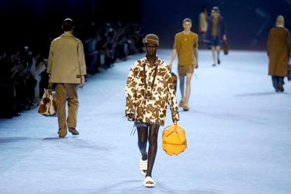 A model in a Fendi outfit during the Italian company's runway show in Milan, Italy, June 18, 2022.