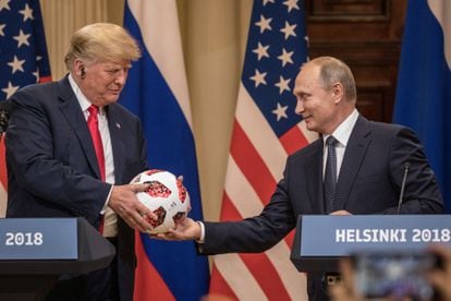 Donald Trump and Vladimir Putin at the Helsinki summit in 2018. 