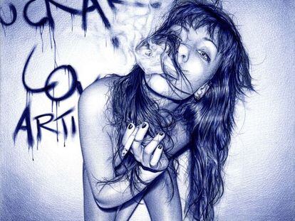 'Irenefuckartloveartist' (2012). Bolígrafo Bic azul sobre papel.