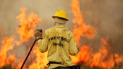 Un miembro de la brigada de bomberos del Instituto Brasileño de Medio Ambiente intenta controlar un incendio en la tierra indígena Tenharim Marmelos (Brasil), el 15 de septiembre.