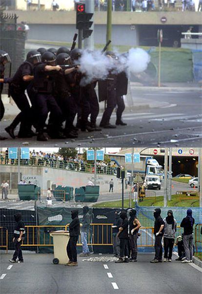 Policías antidisturbios y jóvenes <i>okupas</i> se enfrentaron ayer en Cornellà.