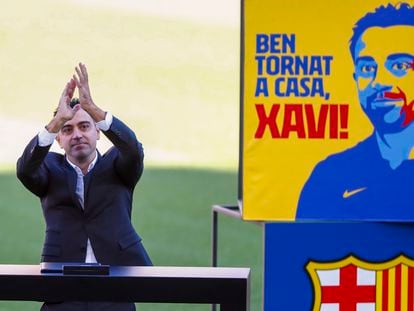 Xavi, durante la presentación del pasado lunes en el Camp Nou.