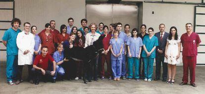 La reina Sofía con su burro en la Facultad de Veterinaria de la Complutense.