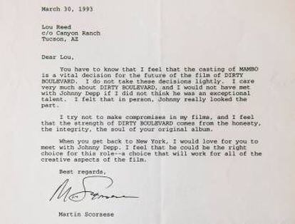 Una carta de Martin Scorsese a Lou Reed sobre un casting a Johnny Depp, fechada en 1993.
