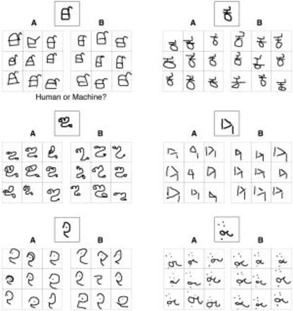 ¿Máquina o humano? Tras mostrarles un carácter (arriba) de un alfabeto, tanto la máquina como los humanos tuvieron que escribir nuevos ejemplos. Las diferencias son inapreciables.