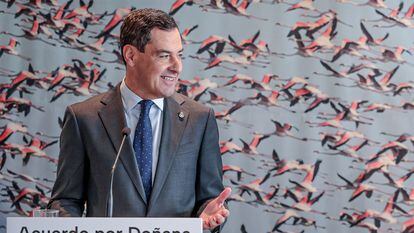 El presidente de la Junta de Andalucía, Juan Manuel Moreno, el pasado lunes al presentar el pacto por Doñana en Almonte (Huelva).