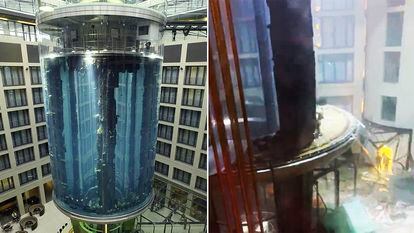 El AquaDom, el acuario cilíndrico más grande del mundo, ubicado en el interior del hotel Radisson Collection de Berlín fotografiado antes y después del reventón.