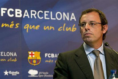 Sandro Rosell, presidente del Barcelona, en la rueda de prensa de hoy.