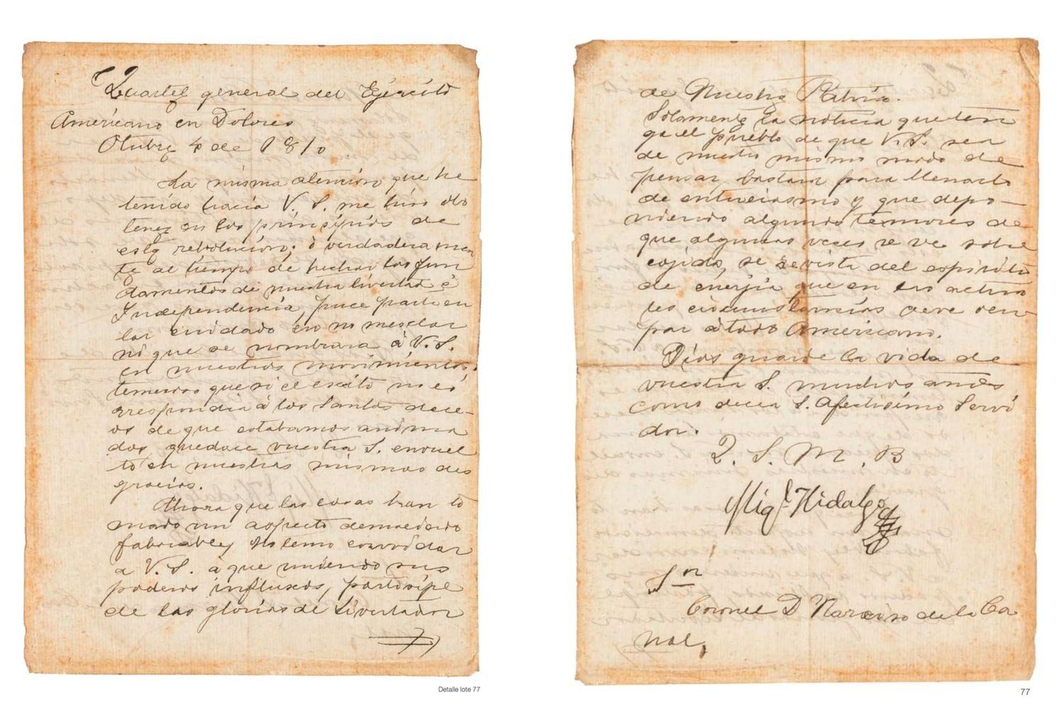 Vista de la carta de Miguel Hidalgo al Sr. Coronel Narciso de la Canal, como invitación a formar parte del movimiento armado.