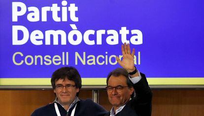 Puigdemont i Mas, tras su intervenci&oacute;n ante el consejo nacional del PDECat.