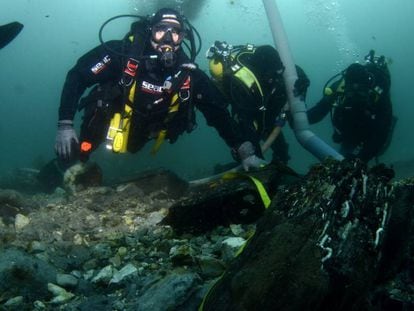 Buceadores de la Armada española con el arqueólogo director de la excavación arqueológica entre los restos del galeón 'San Giacomo di Galizia', en Ribadeo.