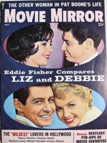 Portada de 'Movie Mirror' de 1960 con el triángulo Eddie Fisher, Elizabeth Taylor y Debbie Reynolds. El primero y el tercero, casados casi por obligación a instancia de un estudio, fueron padrinos de boda de Taylor. Después Fisher se fue con ella.