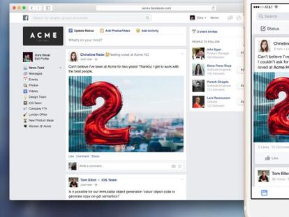 Aspecto de Facebook At Work en m&oacute;viles e internet.