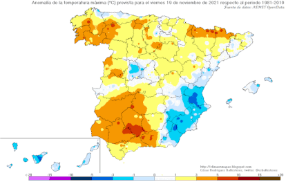 Mapas de la evolución de la anomalía de la temperatura máxima de viernes a miércoles.
