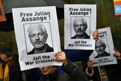 Manifestación en apoyo de Julian Assange, en Londres, el 21 de octubre de  2019.