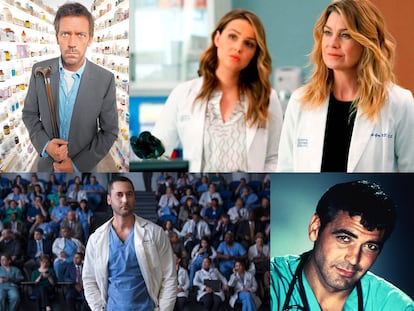 Arriba, los actores Hugh Laurie en la serie House, y Ellen Pompeo y Camilla Luddington en Anatomía de Grey. Abajo, Ryan Eggold en New Amsterdam y George Clooney en su papel de médico en Urgencias.