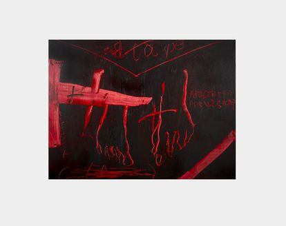 'Gratatge vermell' de Antoni Tàpies (2008, Pintura y raspado/madera, 97x130cm, Col. José Vázquez, Madrid).