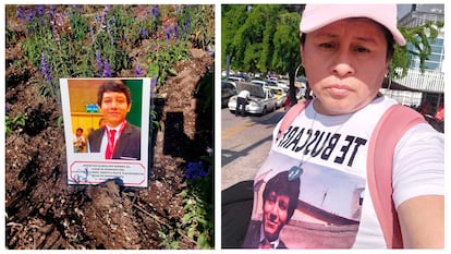Fotografías de Jonathan Guadalupe Romero, a la izquierda en la glorieta de los desaparecidos en Ciudad de México, y a la derecha en una playera de su madre, Socorro Gil.
