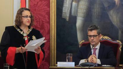 Magdalena Valerio en su toma de posesión como presidenta del Consejo de Estado, en noviembre de 2022, en un acto en Madrid presidido por el ministro de la Presidencia, Félix Bolaños.