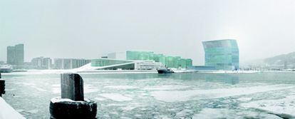Aspecto que tendrá la bahía de la capital noruega tras la realización del proyecto Lambda. En primer término, el edificio de la Ópera, y a la derecha, el nuevo Museo Munch.