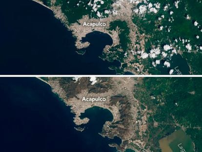 Arriba, una fotografía satelital de la bahía de Acapulco el 21 de septiembre de 2023, y abajo, el 31 de octubre.