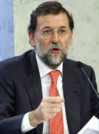 El líder del PP, Mariano Rajoy, en una rueda de prensa hoy en Madrid