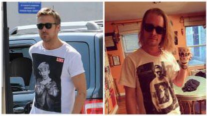 Gosling con una camiseta en la que aparece su colega Macaulay Culkin (izquierda). Culkin (derecha) no tardó en devolverle el gesto publicando una foto donde llevaba puesta una camiseta con la imagen de Gosling.