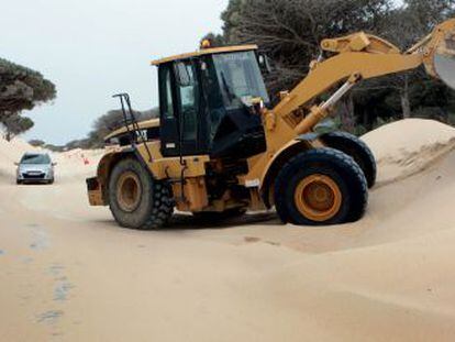 Una excavadora extrae arena en la carretera de acceso a Punta Paloma.