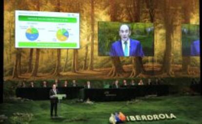 El presidente de Iberdrola, Ignacio Sánchez Galán, durante su intervención en la Junta General de Accionistas, donde ha abogado hoy por contar con una política energética común.